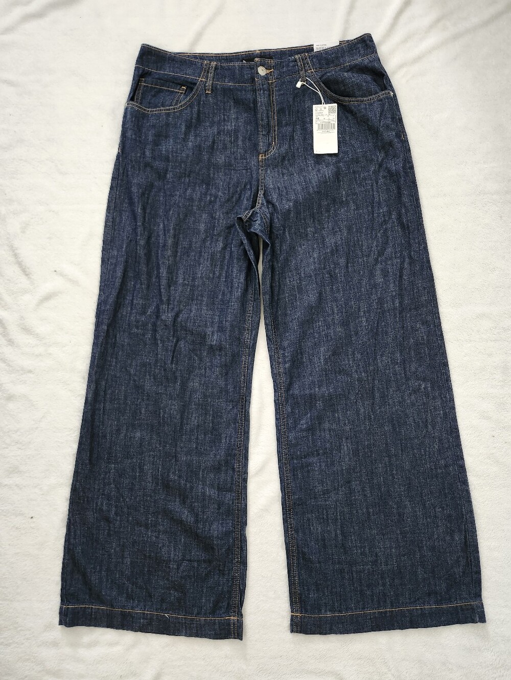 MNG Wide Leg Clean Minimalist Chambray Denim Pants Dark Blue Wash Size 12 NWT